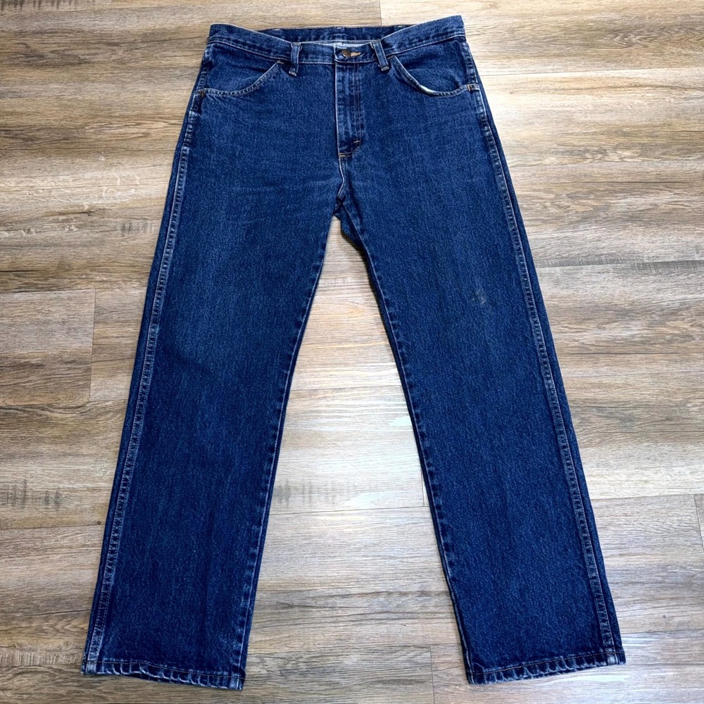 Wrangler Rustler Straight Jeans Mens 34x30 Blue Denim Cotton Dark Wash Travel